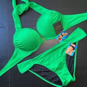 NWT Victoria's Secret 34A BOMBSHELL BIKINI M bottom bright GREEN gold jeweled